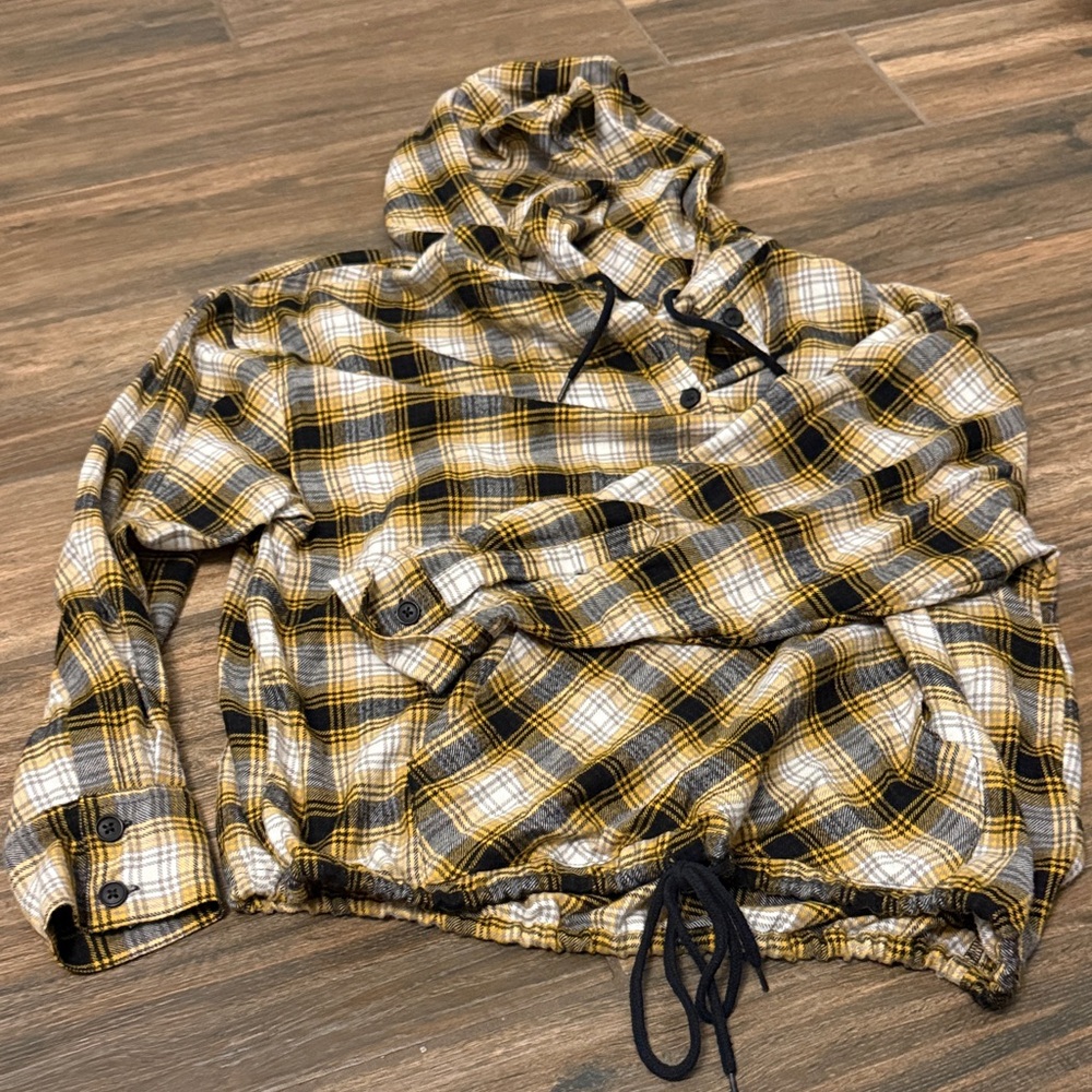 Urban Outfitters Black and Yellow Plaid Flannel Hooded Shirt